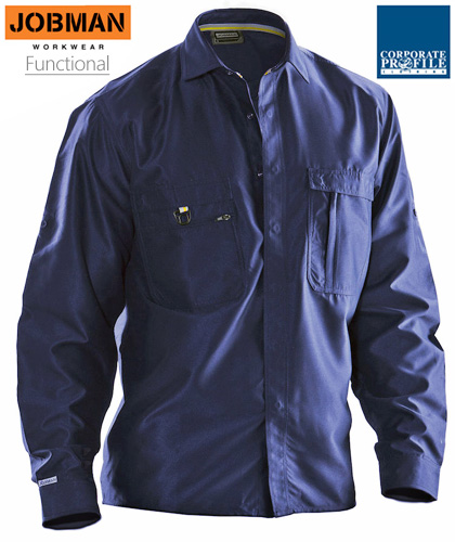 Jobman Professional Workwear in Australia, Versatile Shirt #5501-42 with Logo service. The fabric is Ultra Comfortable Rip Stop, 100% Polyester,125gsm. Black, Navy, Graphite, Sand. Buttons are concealed to protect scrathing vehicles. Zipped chest pockets. D-Ring. Inspect a sample of this Work Shirt for your Company. International web site is www.jobman.se Safety, comfort and security of high quality professional workwear. Enquiries please call Renee Kinnear or Shelley Morris on FreeCall 1800 654 990